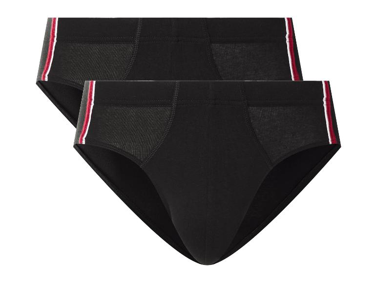 Deux paires de slips noirs pour hommes avec des bandes latérales rouges et blanches.