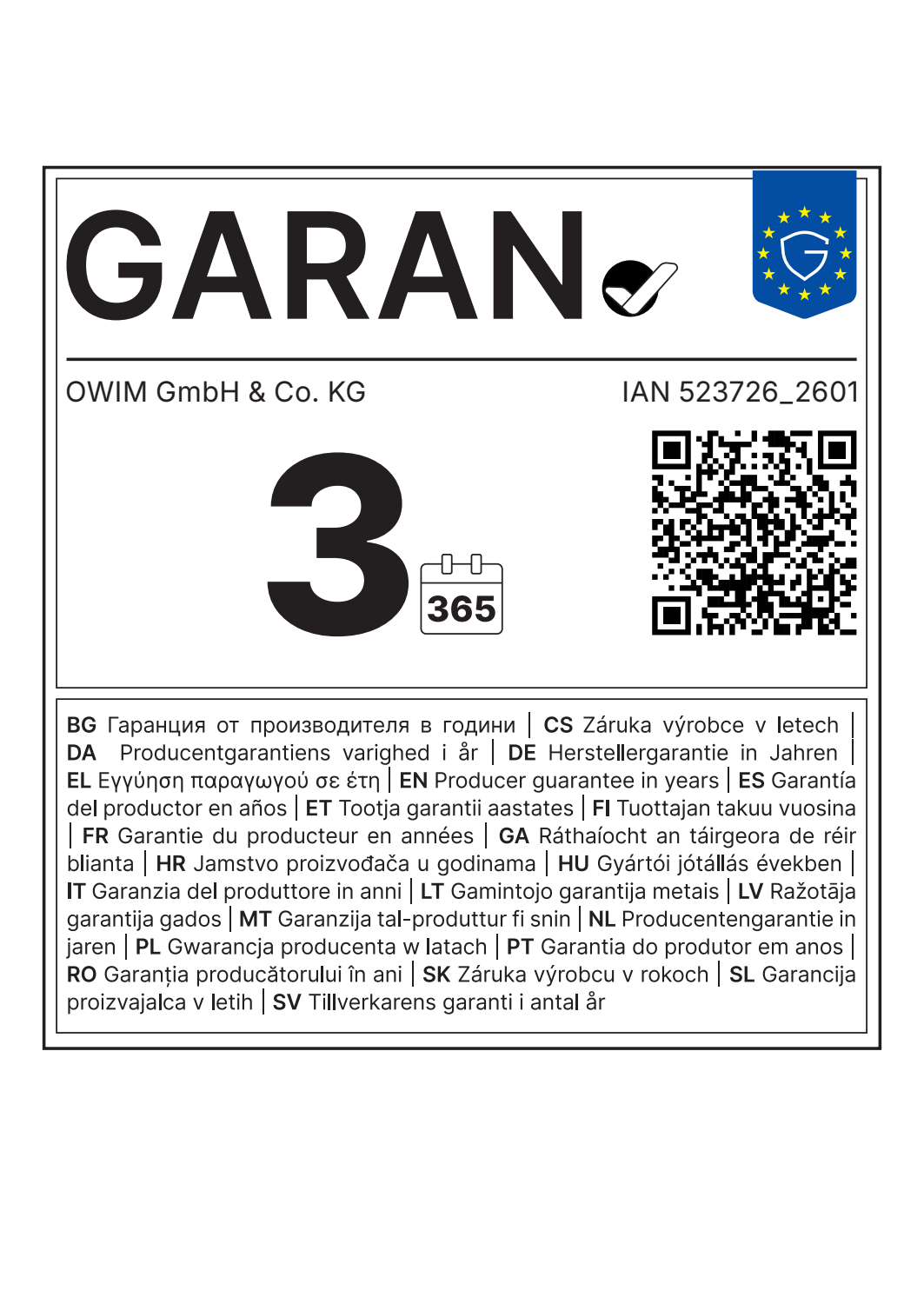 Label de garantie avec le texte GARAN, le chiffre 3 et le code IAN 523726_2601.
