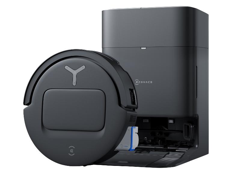 Aspirateur robot ECOVACS et station de vidange en gris foncé.