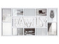 Un cadre photo blanc avec le mot 'FAMILY' et des photos d'intérieurs.