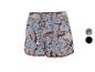 Shorts femme à imprimé cachemire bleu et marron, avec bordure à pompons.