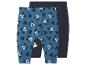 Deux paires de leggings bébé, un bleu avec imprimé Mickey Mouse, un uni bleu marine.