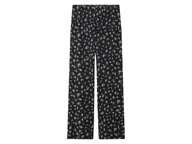 Pantalon noir à motif floral beige, taille élastique et coupe large.