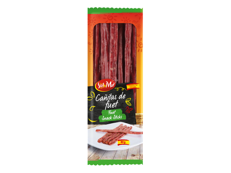 Paquet de bâtonnets de fuet, produit espagnol, 80g.