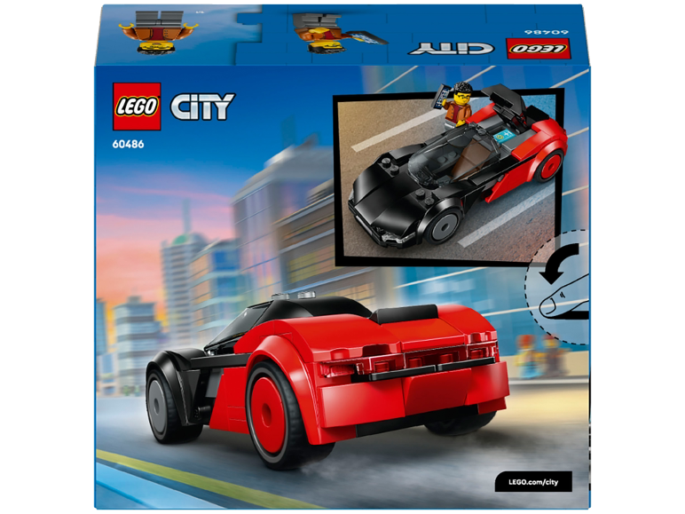 Voiture de sport jouet avec figurine, set 60486, sur fond urbain.