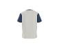 T-shirt homme à manches courtes gris clair avec manches raglan bleu marine, vue de dos.