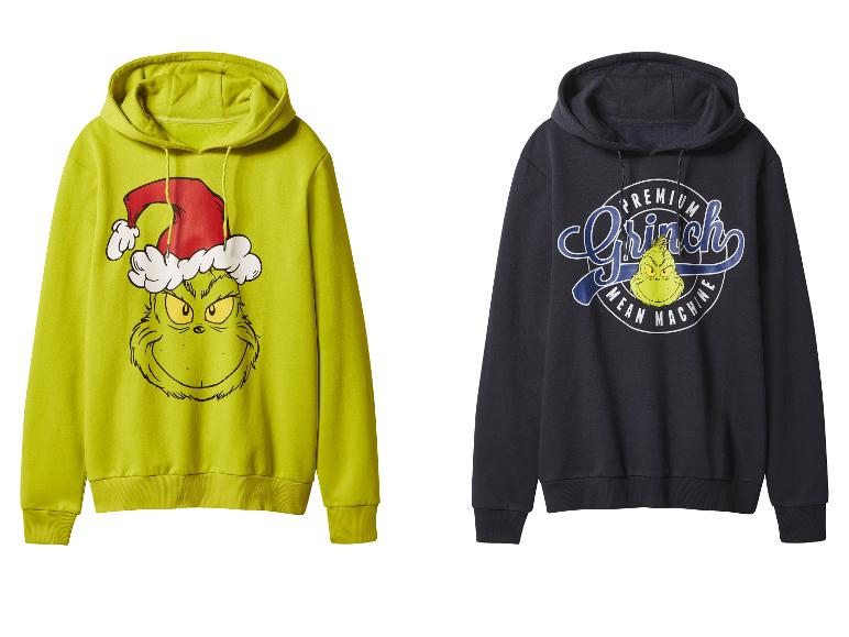 Deux sweats à capuche Grinch : un vert lime avec le Grinch portant un bonnet de Noël, l'autre bleu marine avec un logo Grinch.