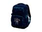 Sac à dos bleu avec motif éclaboussures et signe de paix blanc.