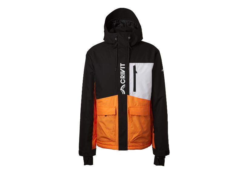 Veste de ski homme noire, orange et blanche avec capuche et poches.