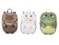 Trois sacs à dos pour enfants avec des motifs d'animaux : un ours brun, une licorne blanche et un crocodile vert.