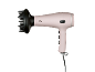 Sèche-cheveux rose avec un diffuseur noir et un cordon d'alimentation.