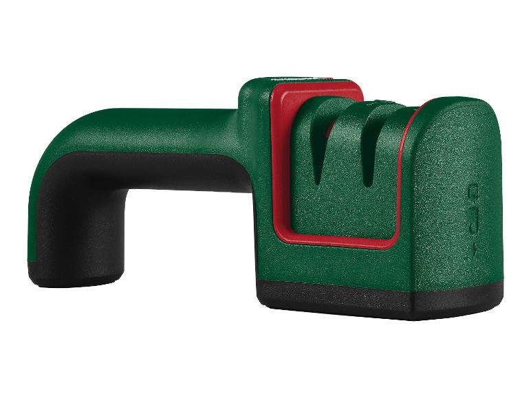 Aiguiseur de couteaux vert et rouge avec poignée noire.