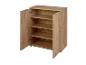 Une armoire en bois avec trois étagères et deux portes.