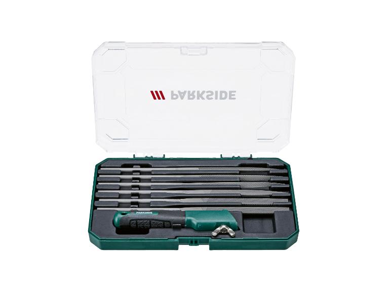 Jeu de limes Parkside dans un étui vert avec couvercle transparent.