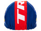 Une casquette de vélo bleue avec une bande rouge et blanche et 'TR' dessus.