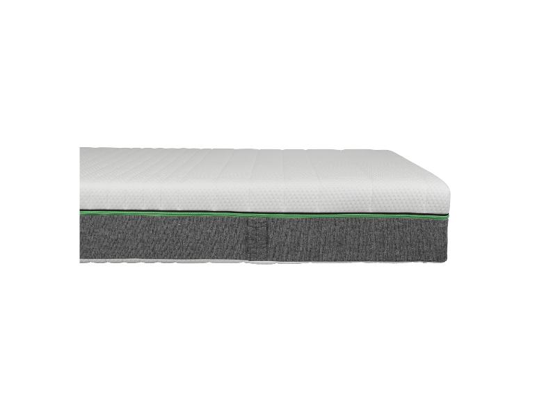 Un matelas blanc avec un bas gris et un bord vert.