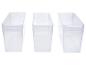 Trois bacs de rangement en plastique transparent avec poignées, sur fond blanc.