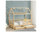 Un lit enfant en bois en forme de maison avec des tiroirs de rangement.