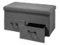 Banc de rangement gris avec deux tiroirs, un ouvert.