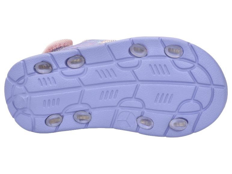 Semelle de sandale enfant violette avec inserts lumineux et motif antidérapant.