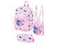 Sac à dos rose, sac à cordon et trousse avec imprimés de personnages de dessins animés et cœurs.