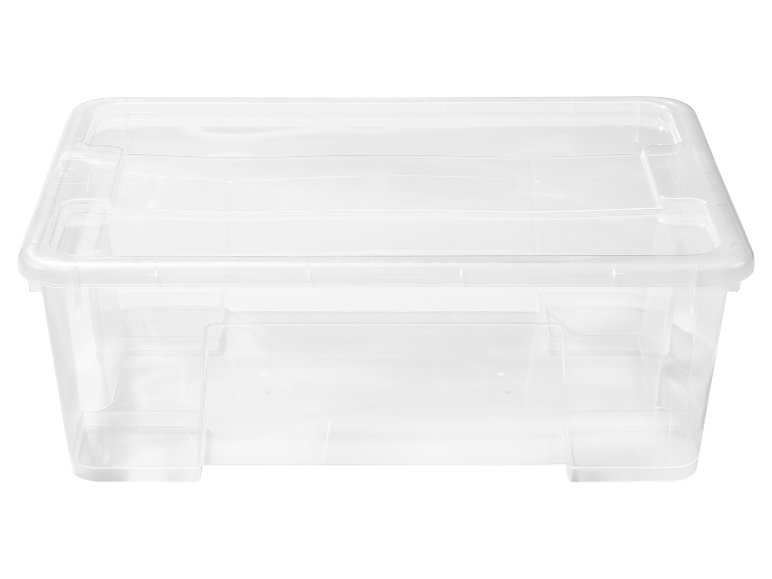 Boîte de rangement en plastique transparent avec couvercle, idéale pour organiser divers articles.