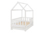 Lit enfant blanc avec un cadre en forme de maison et des tiroirs de rangement.