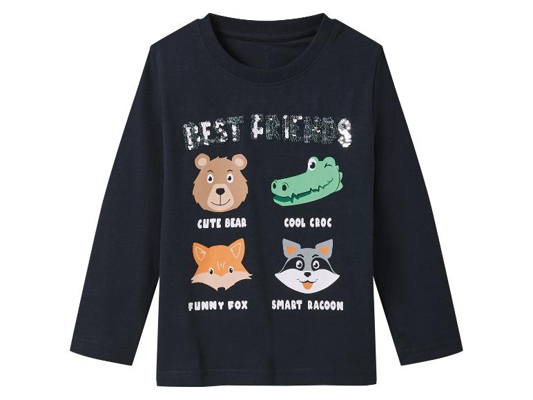 T-shirt enfant bleu marine à manches longues, motifs animaux mignons et inscription "Best Friends" en sequins.