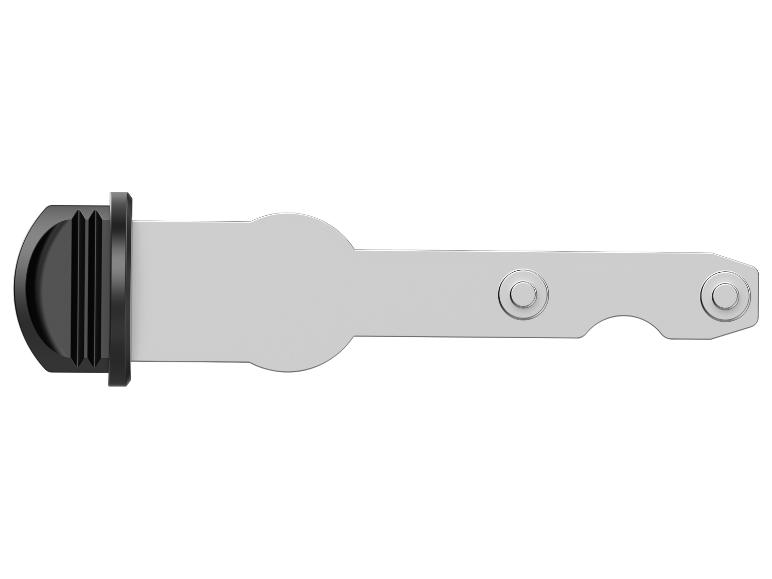 Clé métallique avec poignée en plastique noir sur fond blanc.