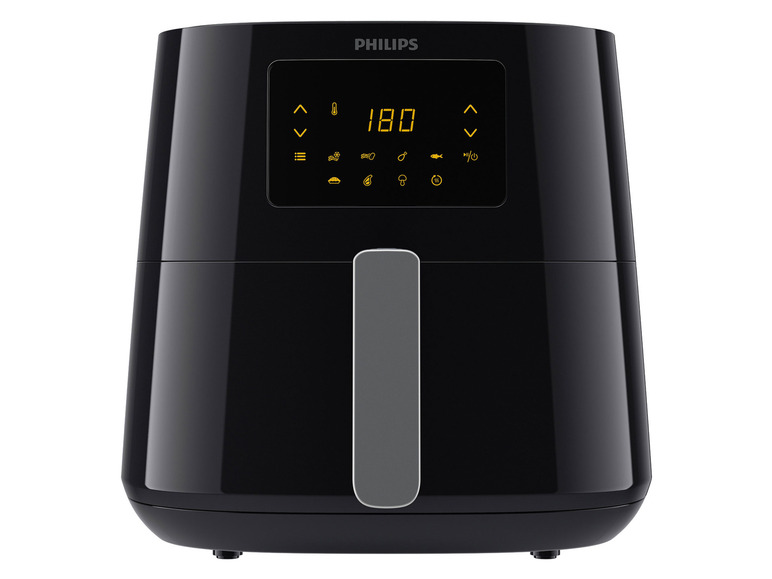 Une friteuse à air Philips noire avec un contrôle numérique