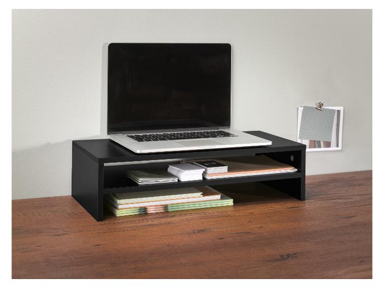 Support pour ordinateur portable noir avec rangements pour livres et documents.