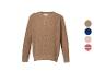 Pull en maille marron avec quatre options de couleur : marron, bleu rayé, rose et rouge rayé.