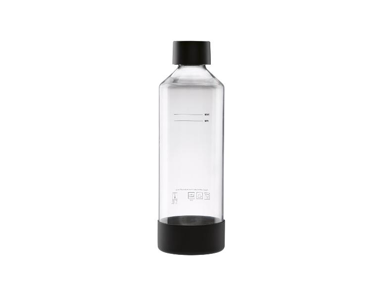 Bouteille d'eau transparente avec couvercle et base noirs, avec marques de niveau MAX et MIN.