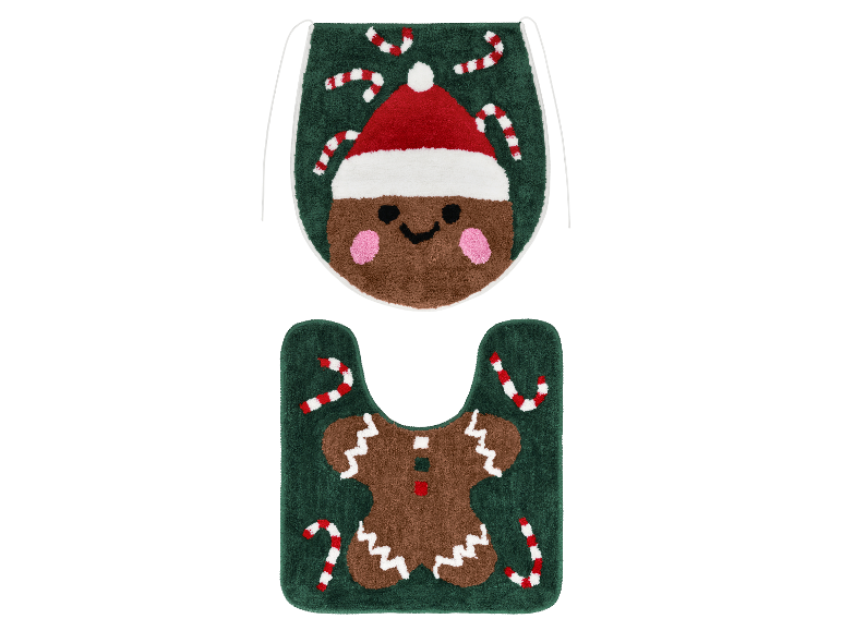 Ensemble de salle de bain LIVARNO® 2 pièces avec motif pain d'épices et canne à sucre pour Noël.