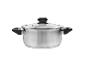 Une casserole en acier inoxydable avec un couvercle en verre et des poignées noires.
