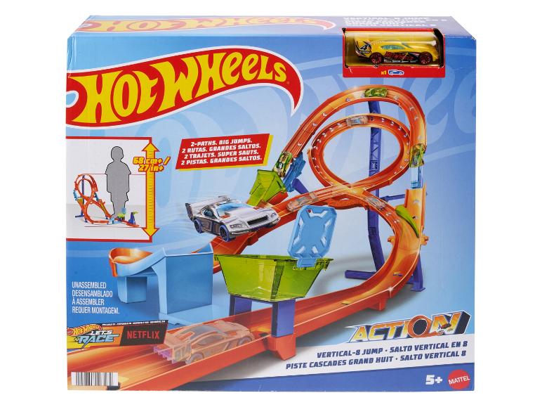 Emballage Hot Wheels avec piste de course, sauts et voitures, avec logo Netflix.
