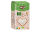 Emballage de farine d'épeautre biologique avec un affichage de farine en forme de cœur et des instructions de cuisson.
