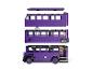 Modèle Lego d'un bus violet à trois étages, séparé en trois sections.
