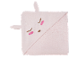 Serviette de bain rose à capuche pour bébé, avec visage et oreilles de lapin.
