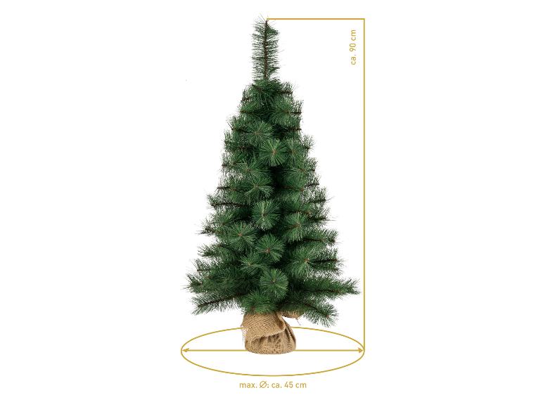 Sapin de Noël artificiel en pot de jute, d'une hauteur d'environ 90 cm.