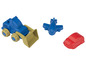 Un bulldozer bleu, un avion bleu et une voiture rouge, des jouets en plastique.