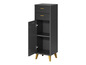 Une armoire noire avec deux tiroirs et une porte, avec des poignées et des pieds dorés.