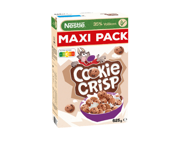 Paquet de céréales aux biscuits chocolatés, 35% de céréales complètes et Nutri-Score A.