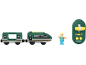 Train jouet vert avec télécommande, wagon passagers et figurine.