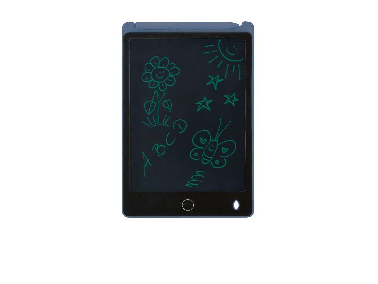 Tablette d'écriture LCD bleue avec des dessins d'enfants de soleil, fleur, papillon et lettres.