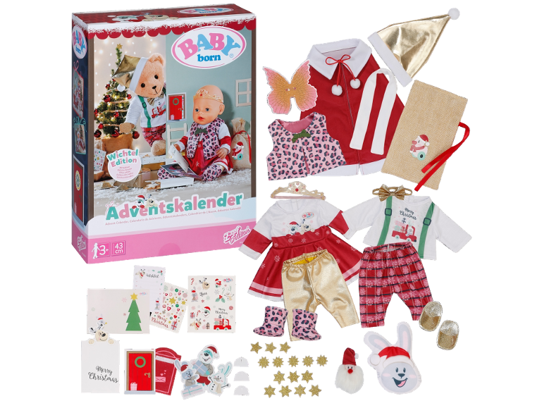 Calendrier de l'avent de Noël avec poupée, vêtements et accessoires festifs.