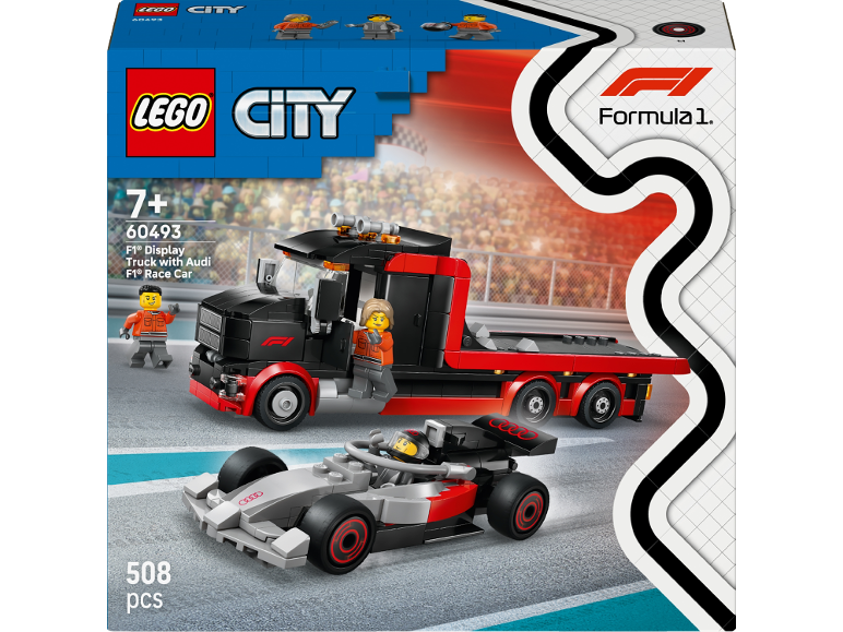 Ensemble LEGO City avec camion d'exposition F1 et voiture de course F1, 508 pièces, pour 7 ans et plus.