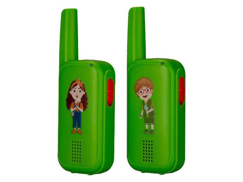 Deux talkies-walkies jouets verts avec des dessins d'enfants