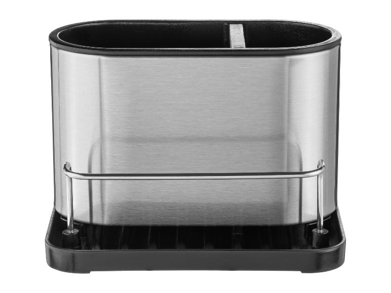 Organisateur d'évier en acier inoxydable avec compartiments et égouttoir.