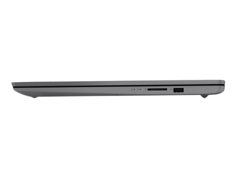 Ordinateur portable gris, vue latérale, avec ports USB et lecteur de carte.